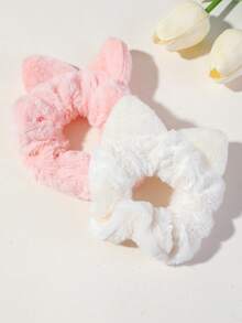 5pcs Set Baby Girl Children Autumn/Winter Cat Ear Plush Scrunchie Hair Ties, Simple Princess High Elasticity High Ponytail Hair Bands, Daily Use - Multicolor - View 3