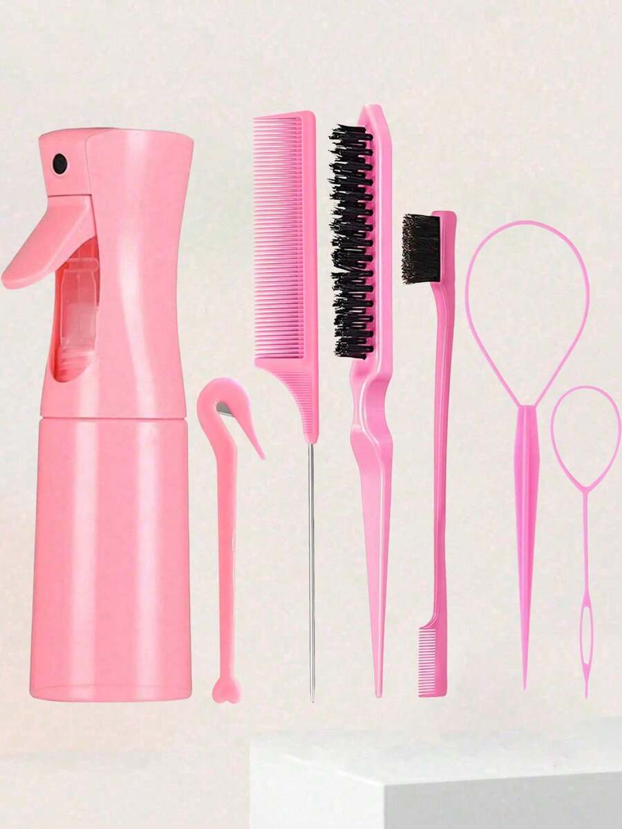 7/4/1pc Pink Hair Styling Tool Set, Suitable For Girls Braiding Hairstyles, Salon Beauty Essential, Back To School, Vacation And Travel Must-Have - Multicolor - View 1