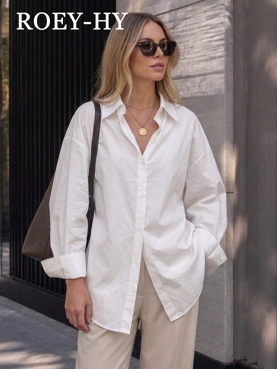 1pc Women's Solid Color Pointed Collar Blouse, Folded Cuff Loose Drop Shoulder Long Sleeve Commuter Versatile All-Match Shirt White - White - View 1