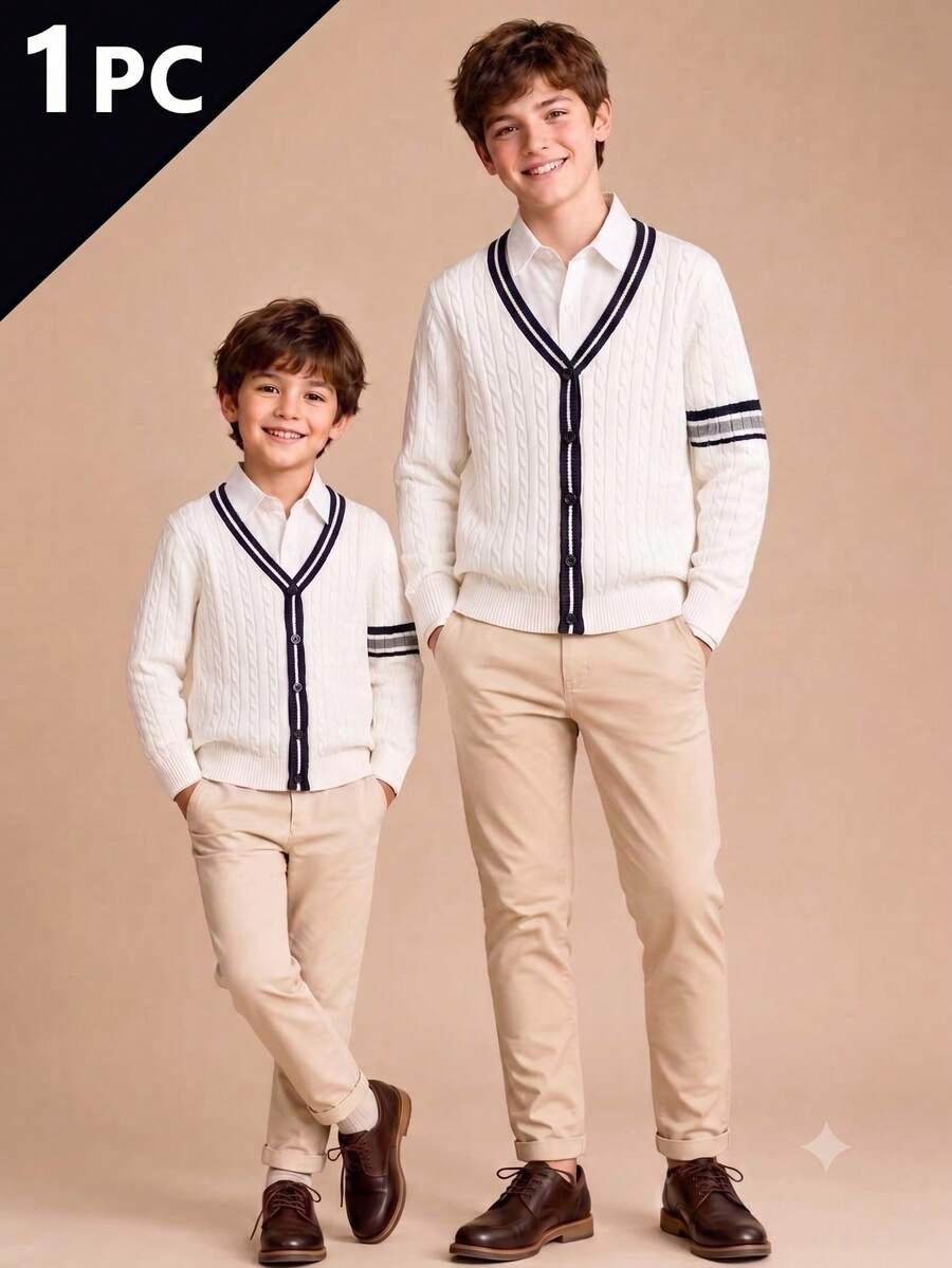 Boys White V-Neck Long Sleeve Knitted Cardigan With 3D Cable Knit And Contrast Stripe, Preppy Casual Versatile Sweater Jacket For School Daily Wear, Spring/Autumn/Winter - White - View 1