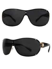 1pc European & American Large Frame One-Piece Floral Decor Fashion Cat Eye Women's Glasses - Black Frame Black Gray Film - View 2