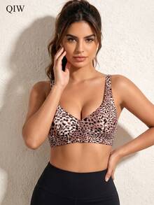 1pc Women's Leopard Print Seamless Comfortable Backless Camisole Bra For Home And Casual Wear - Watermelon Pink - View 5