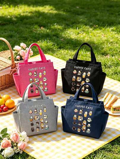 Coffee Cat Print Lunch Tote Bag, Insulated Lunch Box, Soft Cooler Bag, Portable Picnic Bag, Insulated Lunch Bag, Public Lunch Bag, School Insulated Lunch Bag, Office Lunch Box, Reusable Large Capacity Insulated Tote Bag, Side Pocket Design, Convenient For Carrying Food, Suitable For Work, Office, School, Picnic, Travel And Other Occasions, Cute Cartoon Cat Coffee Pattern Meal Carrying Bag, Suitable For Women, Girls, Teenagers, Back To School Season, Holiday Gifts