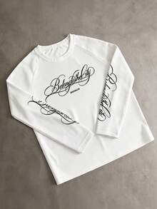 Men's Long Sleeve Printed Regular Fit Spring/Autumn Base Layer T-Shirt, Breathable Knit Fabric, Outdoor Sports Casual Top - White - View 5