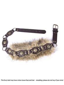Women's Vintage Faux Fur Wide Waist Belt, Retro Western Rivet Decor Faux Fur Waist Cincher, Halloween Holiday Costume Accessory, Suitable For Dresses And Suits - A - View 9