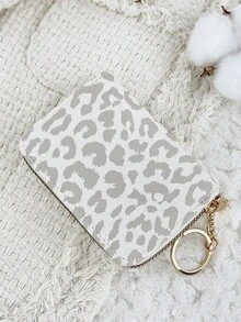 Fashionable Leopard Print Women's Short Wallet, With A Chain Keychain Zipper, Multifunctional Credit Card Holder, Multi Slot Credit Card Storage Bag - Grey - View 3