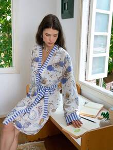 Women's Spring/Autumn Full Print Patchwork Striped Print Belted Robe - White - View 4