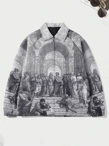 Men's Spring/Autumn Renaissance Print All-Over Zipper Jacket, Raglan Sleeve, Turn-Down Collar, Hip-Hop Street Style Casual Jacket - Grey - View 4