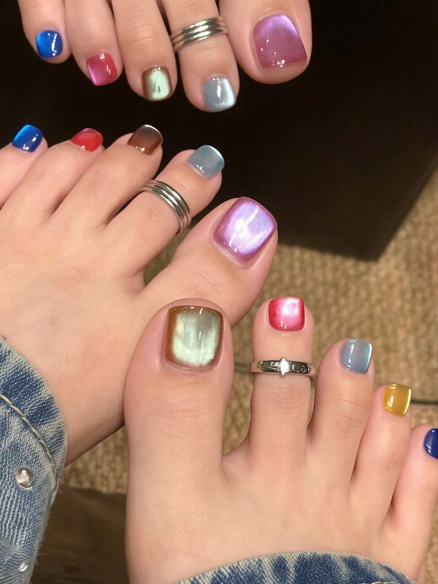 Renove seu visual geral! 24 peças de unhas postiças de bico quadrado, estilo doce e fresco, cores roxo e marrom em blocos de cores, design brilhante de olho de gato, padrão de cristal azul minimalista elegante e colorido, inclui uma peça de cola de gelatina e uma lixa de unha (cola de gelatina enviada aleatoriamente), adequado para mulheres e meninas, para encontros diários, férias e outras ocasiões - Multicolorido - Visão 1