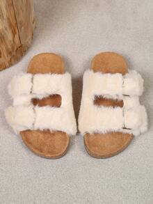 Parent-Child Plush Buckle Slippers, Mother-Son Mother-Daughter Matching Style, Autumn/Winter Soft Cork Sole Indoor/Outdoor Warm Fuzzy Slippers - Beige - View 1