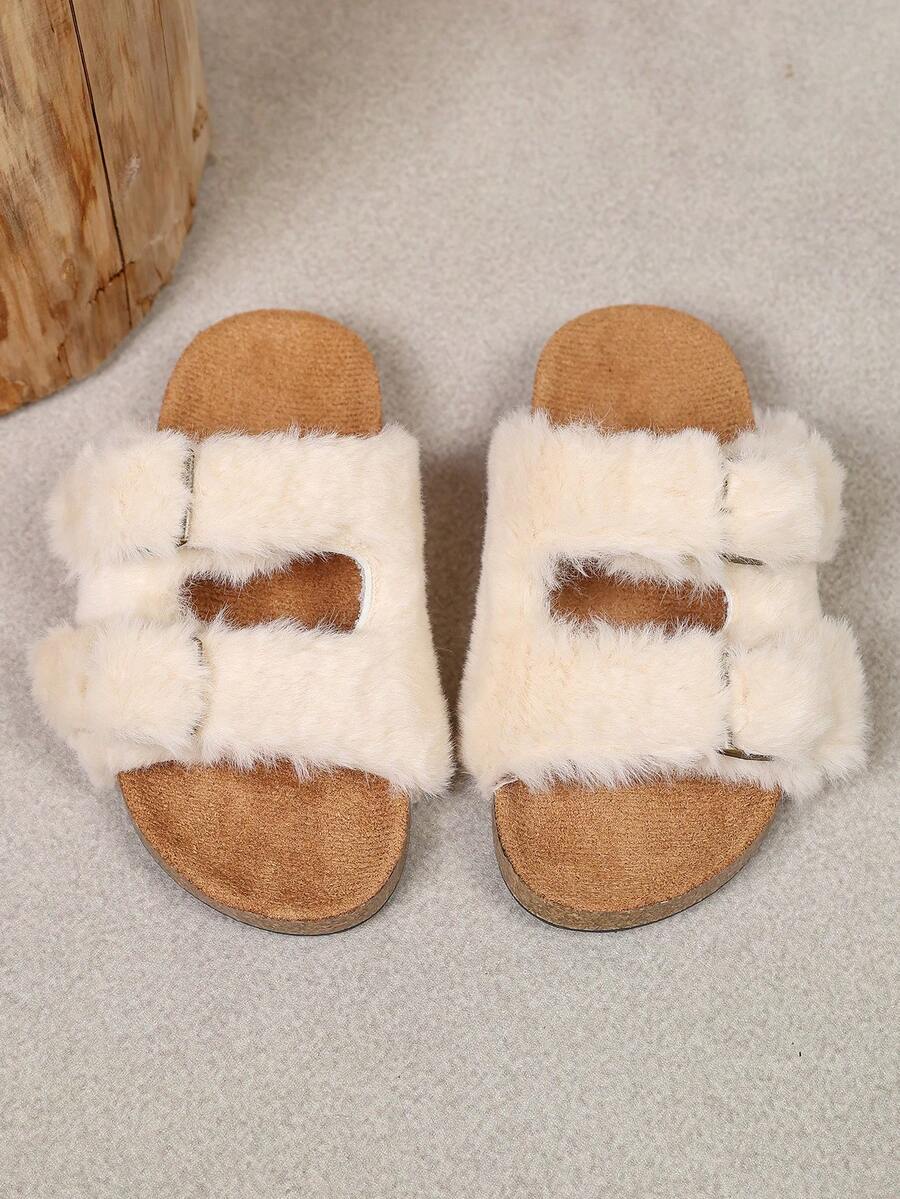 Parent-Child Plush Buckle Slippers, Mother-Son Mother-Daughter Matching Style, Autumn/Winter Soft Cork Sole Indoor/Outdoor Warm Fuzzy Slippers - Beige - View 1