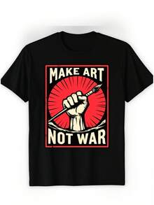 Men's Vintage Graphic T-Shirt, Retro Print Streetwear Tee, Local Warehouse Stock Make Art Not War / Unisex Casual T-Shirt / Short Sleeve Round Neck Te - Black - View 10