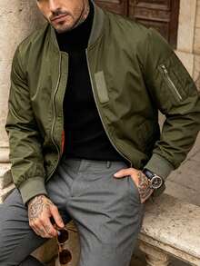 Men's Spring/Autumn Solid Color Thin Baseball Collar Casual Vintage New Flight Jacket - Army Green - View 2