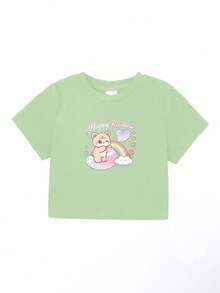 1 Girls' Round-Neck Short-Sleeve T-Shirt With A Heart And Bear Print, Casual Versatile Everyday Top, Perfect Cropped Top For Girls - Holiday Gift - Pinkish Green - View 2
