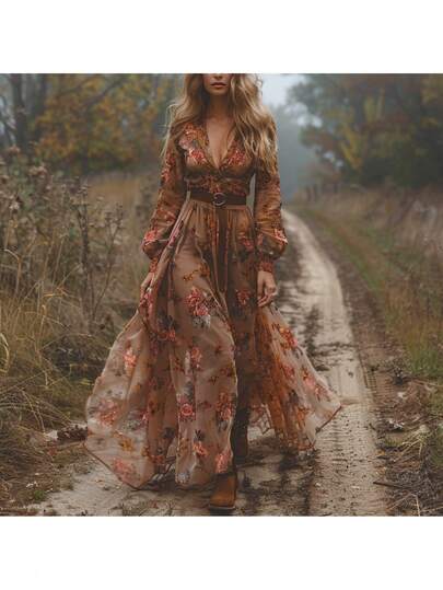 Women's Floral Print Maxi Dress, Deep V Neck Long Sleeve High Waist Flowy Boho Dress For Country Concert & Festival