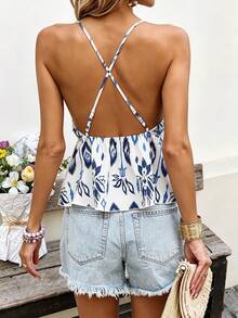 Women's Bohemian Style Spaghetti Strap Backless Tank Top, Flared Hem Woven Fabric Cropped Vest, Suitable For Summer Wear - Blue and White - View 5