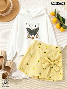 Girls Butterfly Print Hooded Sweatshirt With Moon Star Leaf Chest Design, Cotton Pullover - White - View 9