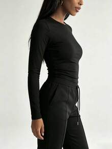 SuofeiMan Women's Casual 2 Pieces Set Long Sleeve Crew Neck Top And Drawstring Pants, Medium Stretch Street Style Outfit Suitable For Commuting And Daily Casual Wear, Autumn Fashion Set - Black - View 4