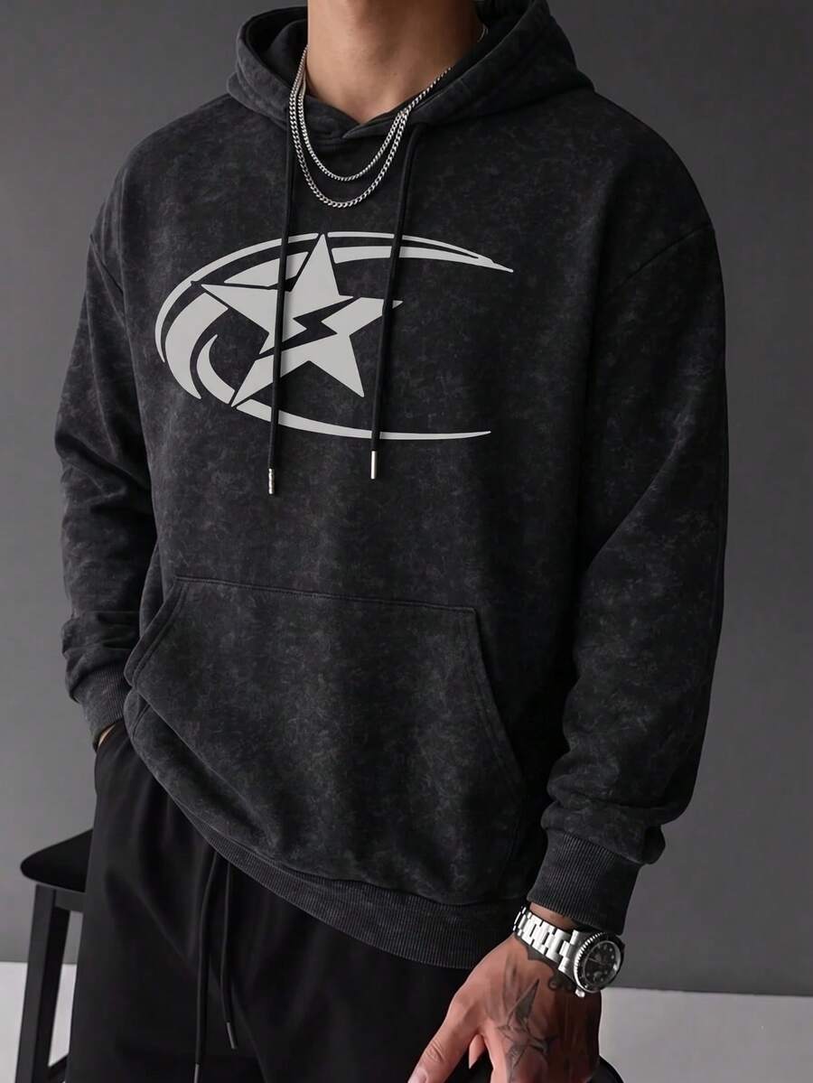 Men's Autumn/Winter American Style Five-Point Star & Lightning Print Hoodie With Drawstring - Black - View 1
