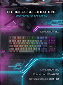 Acer OKW132 Wired Mechanical Keyboard: Premium Mechanical Switches, Backlit Keycaps; Metal Panel Is Wear-Resistant And Scratch-Resistant, Ergonomic Design For A Comfortable Typing Experience, USB Plug-And-Play For Easy Connection - View 16