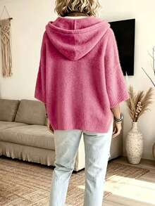 Women's Elegant Casual Cute Hooded Sweatshirt Mid-Sleeve Knit Sweatshirt Warm - Hot Pink - View 2