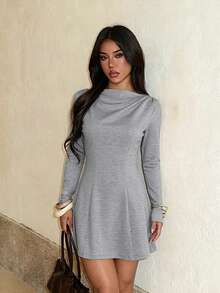 1pc Solid Color Casual Knit Fabric Dress For Office Autumn - Grey - View 2