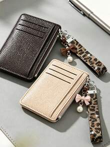 Slim Pu Leather Card Holder Wallet,Multi Card Slots Coin Purse With Rhinestone Wristlet Strap Bow Pendant Keychain, Portable Id Card Case Daily Use - Multicolor - View 6