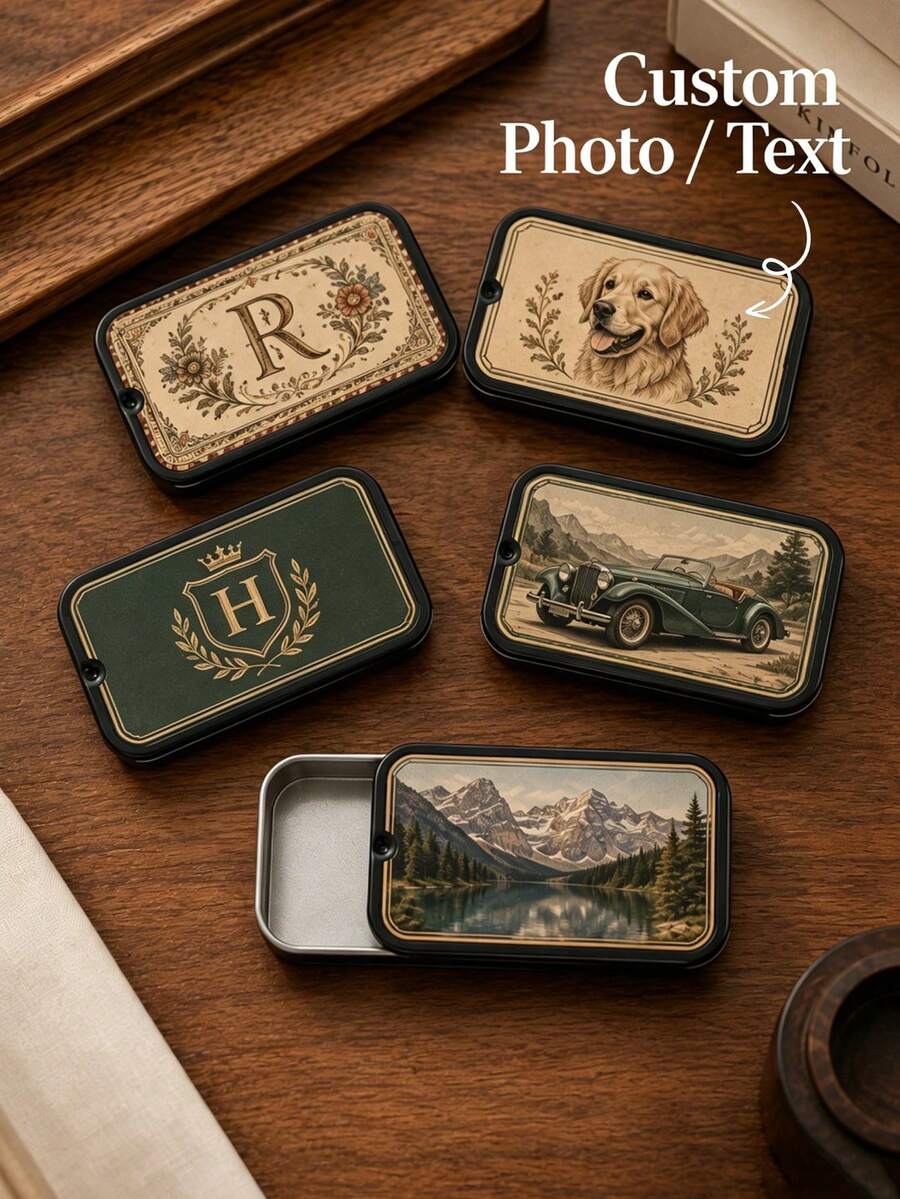 Personalized Vintage Matchbox Storage Box, Customized Photo/Text Sliding Metal Box, No Matches Included, Portable Coin And Small Accessory Organizer - Multicolor - View 1
