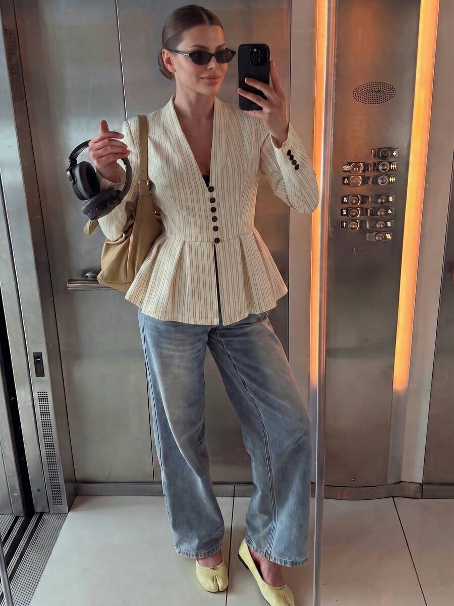 Women's Striped V-Neck Ruffle Trim Blazer, Front Button Closure Long Sleeve Slim Fit Flared Hem Jacket