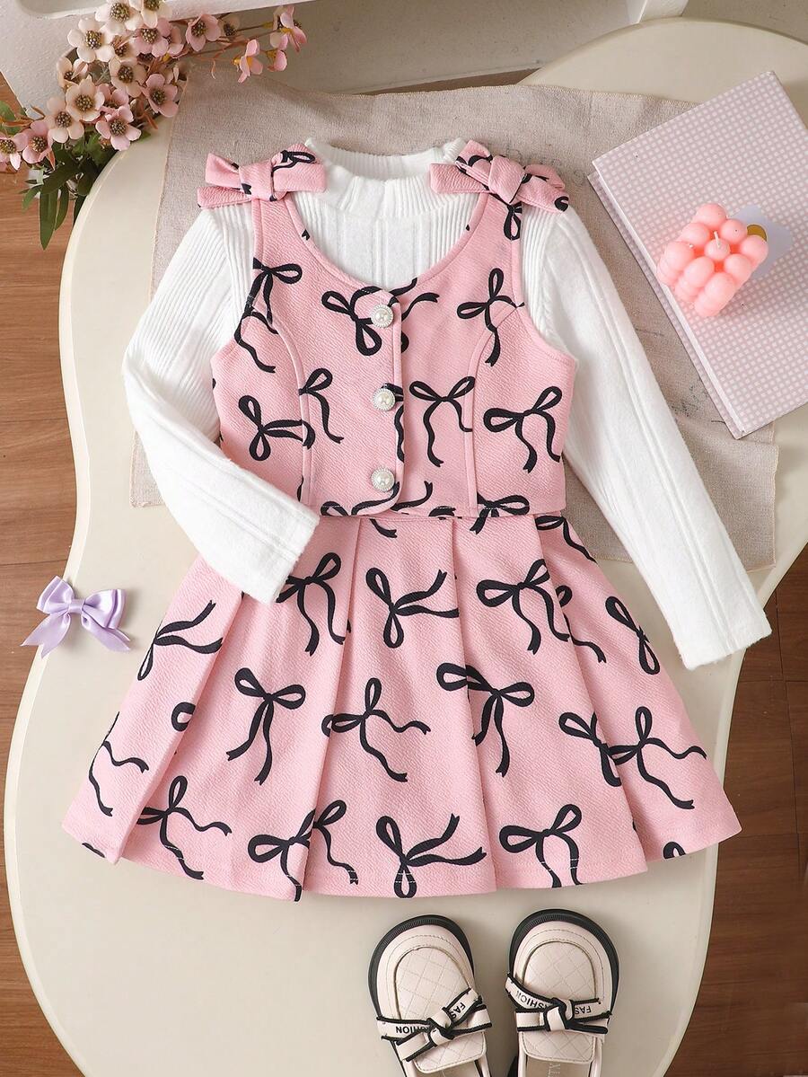 MYVLNA 3pcs/Set Girls Sweet Dress Outfit, White Semi-High Neck Long Sleeve Base Layer Top, Pink Bow Print Vest And Pleated Skirt, 3D Bow Decoration On Shoulders, Princess Style - Pink - View 1