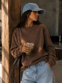 sweat-shirt col rond oversize marron pour femmes, pull ample et confortable à manches longues, vêtements d'automne pour femmes, vêtements d'hiver pour femmes - Tabac - Voir 1