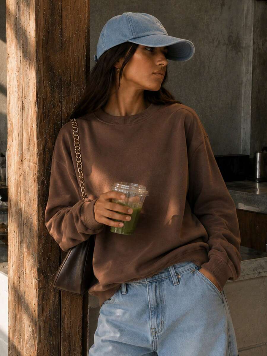sweat-shirt col rond oversize marron pour femmes, pull ample et confortable à manches longues, vêtements d'automne pour femmes, vêtements d'hiver pour femmes - Tabac - Voir 1