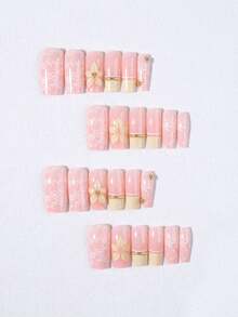 24片中長款棺材形3D凝膠美甲片，花卉與波點設計，珍珠裝飾，法式風格美甲，花朵美甲藝術，法式美甲，完美貼合指尖。套裝包含：1片果凍膠與1片美甲锉。適合女性日常工作與派對場合。 - 彩色 - 查看 5