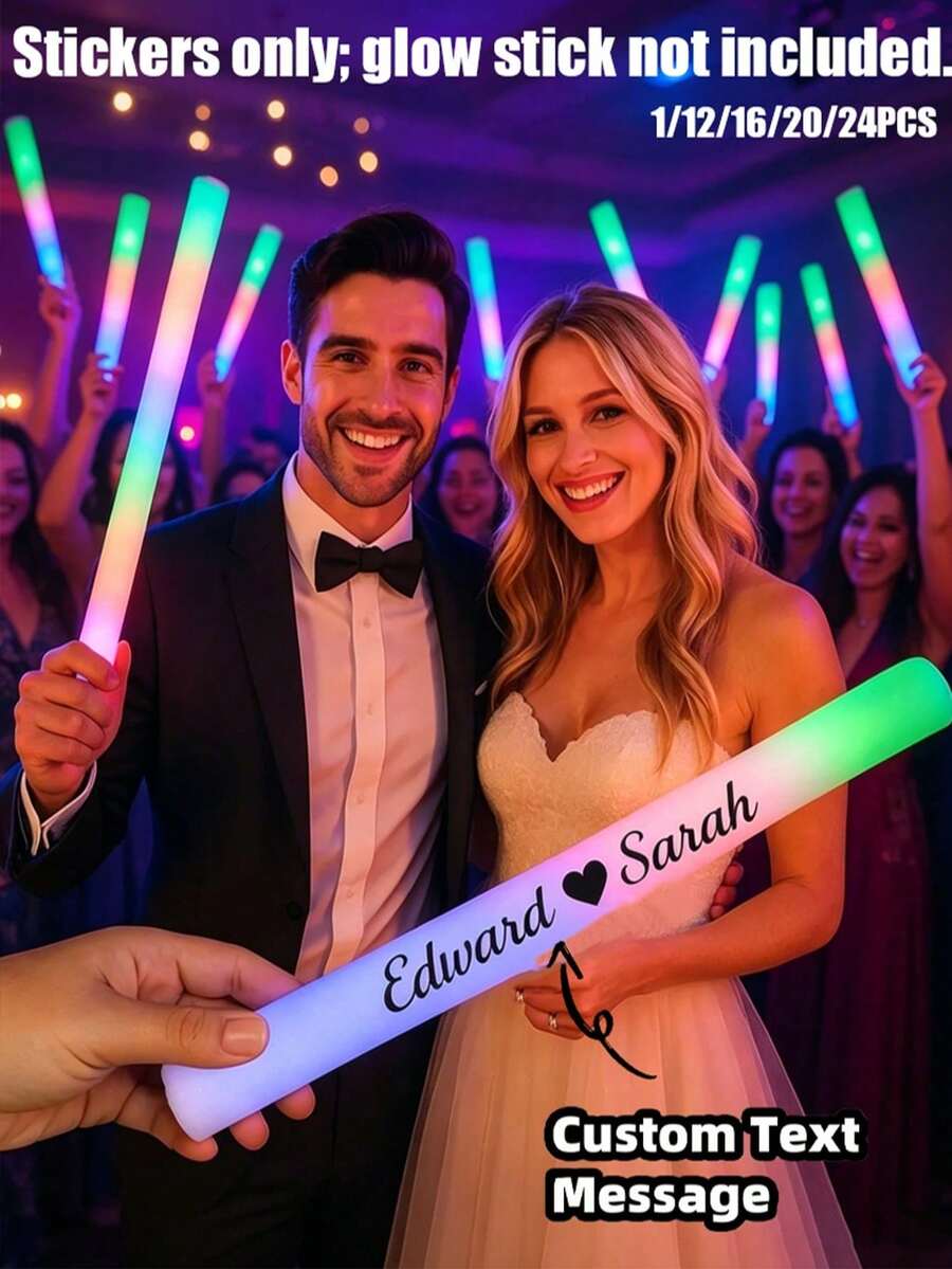 1/12/16/20/24pcs DIY Customized Transparent Stickers, Wedding Party Decoration Stickers, Personalized Foam Glow Stick Transparent Labels, Adjustable Glow Stick Labels (Stickers Only), Glow Sticks, Party Gift Label Stickers, Personalized Gifts, Holographic - Multicolor - View 1