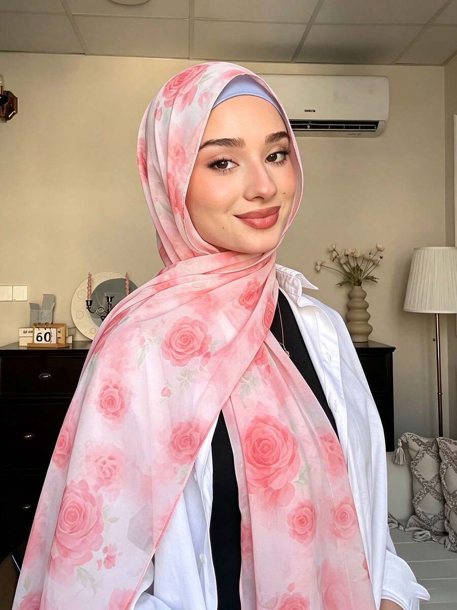 1PC Women's Summer Chiffon Pink Rose Print Scarf, Chiffon Floral Hijab, Soft And Fresh Ditsy Floral Pattern, Suitable For Summer Beach Travel, Sun Protection, Breathable And Comfortable - Pale Pink Rose - View 1