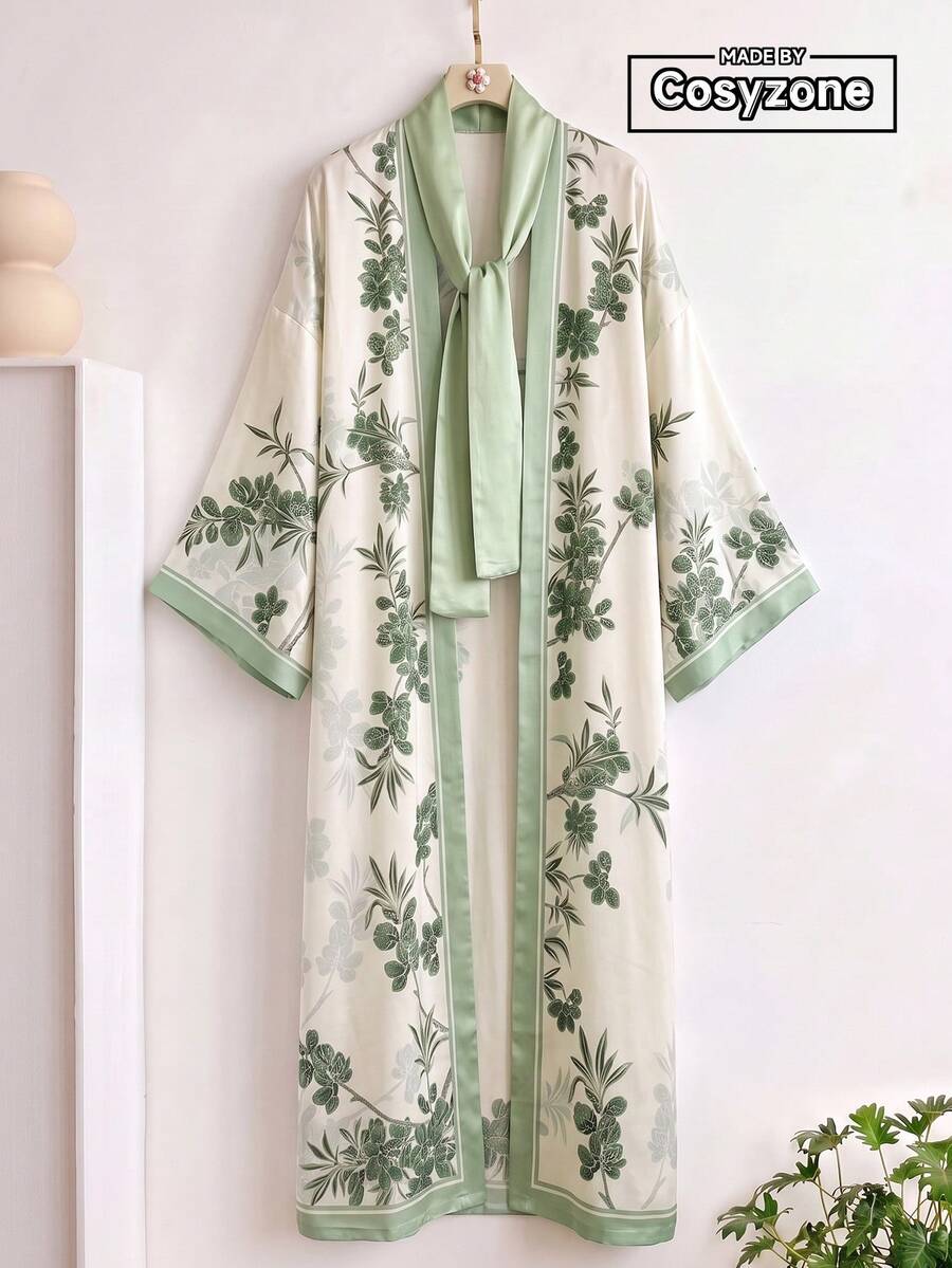1件歐美風印花和服式晨袍,寬鬆繫腰沙灘罩衫,休閒度假披肩開襟衫 - 米綠色 - 查看 1