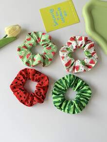 4pcs Women's Fruit Element Hair Ties, Watermelon Rind & Watermelon Flesh Fresh Pattern Design, Fashionable Hair Accessories For Bun, Ponytail, Suitable For Outdoor, Daily, Party, Travel - Multicolor - View 8