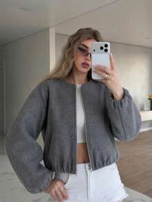 Jaket Wol Pendek Abu-abu Wanita GMFP, Dengan Kantong Resleting, Lengan Panjang, Kerah Bulat, Cocok Untuk Dipakai di Musim Gugur/Musim Dingin. - Grey - View 2