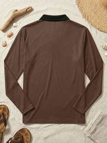 Men's Vintage Brown Ink Bamboo Print Casual Long Sleeve Polo Shirt - Multicolor - View 5