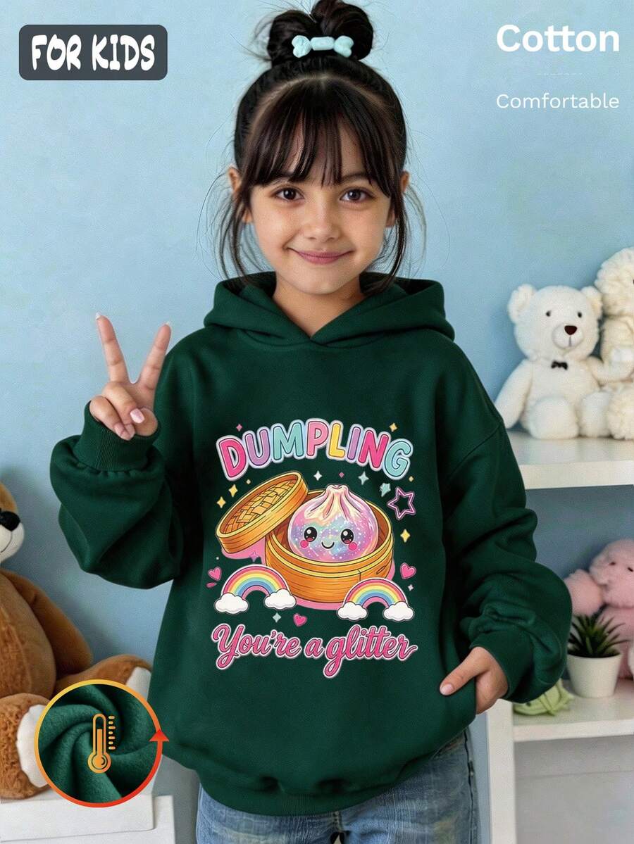 Höst hoodie för flickor i svart med färgglatt dumpling-cartoonprint, regnbågsstjärnor och glittertext, Y2K - Mörkgrön - Visa 1