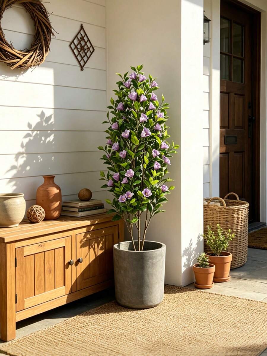 Kmitang 100-130cm Large Artificial Ficus Plants Fake Bauhinia Trees Branch Real Touch Magnolia Leafs With Silk Flower Plastic Hibiscus Leafs False Tall Banyan Tree For Home Garden Wedding Indoor Decor Without Pot 1PC - Multicolor - View 1