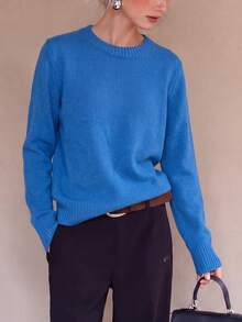 Women's New Autumn/Winter Solid Color Knit Pullover Long Sleeve Regular Fit Sweater, Warm And Comfortable, Light Blue, Suitable For Daily Wear - Blue - View 2