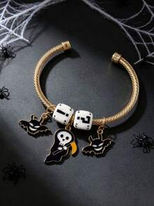 Halloween Dark Bat Pumpkin Ghost Element Large Hole Bead Women's Open Bangle - D - View 3