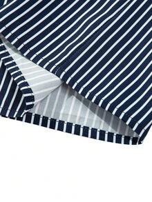 Vintage Navy Blue & White Vertical Striped Men's Shirt, Collared Drop Shoulder Loose Long Sleeve Button Up Top, Versatile Everyday Style - Navy Blue - View 6