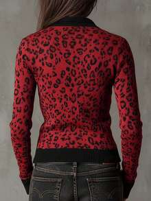 Women's Contrast Leopard Print Mock Neck Zip Long Sleeve Fall/Winter Fashion Versatile Knit Cardigan – Retro Street Sweater Coat - Red - View 3