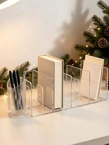 Transparent Acrylic PP Bookend Organizer, 4-Compartment Multi-Function Desktop Storage Rack With Pen Holder, Office Document Organizer, Stationery Bookshelf Divider, Suitable For Student Dorm Office Supplies - Multicolor - View 4