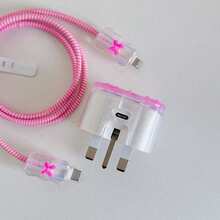 銀色蝴蝶結/櫻桃/花朵圖案 防刮折疊式 數據線保護套，支援 Apple 20W UK 快充充電器 - 玫紅色 - 查看 4