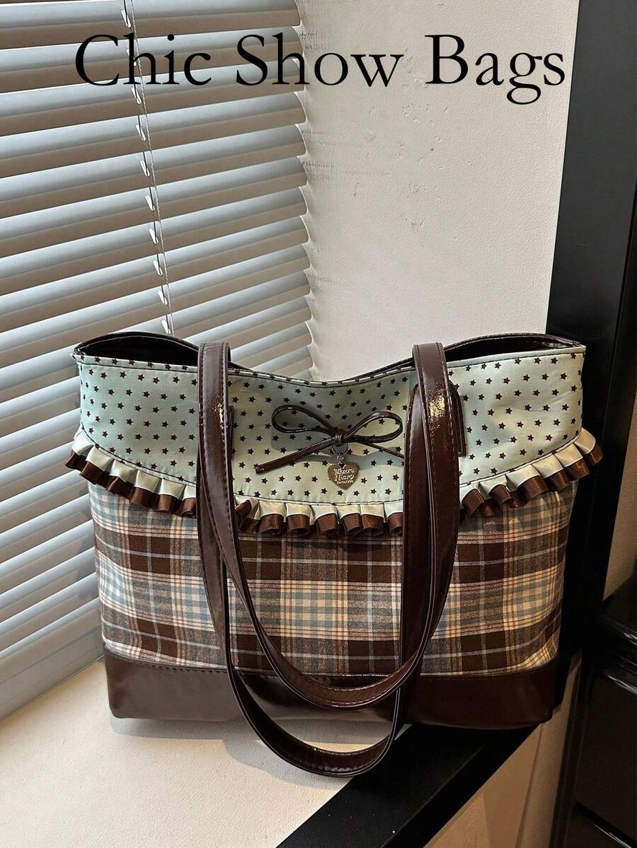 Sweet Ruffle Bow Tote Bag, Striped & Polka Dot Patchwork, Zipper Closure. Lightweight & Large Capacity, Suitable For Casual, Work And Student Daily Use. - Green - View 1