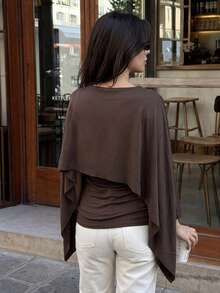 1pc Solid Color Cape-Style Patchwork Long Sleeve Top For Women, Niche Design, Daily Commute, Date, Afternoon Tea, Drapey, Flattering, Slimming Base Layer T-Shirt - Coffee Brown - View 8