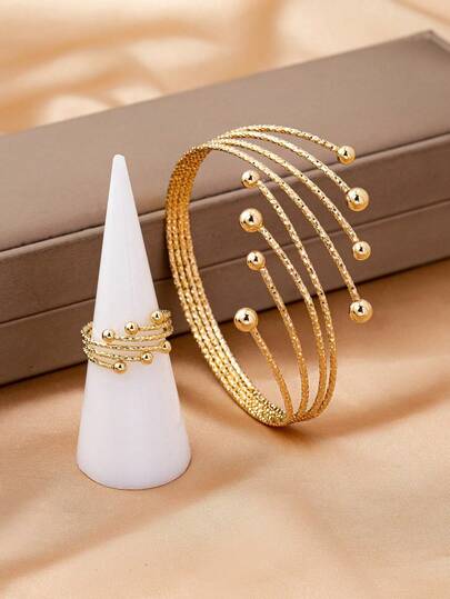2Pcs Multi‑Layer Gold Plated Bracelet & Ring Set, Textured Bead Open Cuff Adjustable Jewelry For Women Daily Party Wear,Ideal Gift For Banquet Holiday
